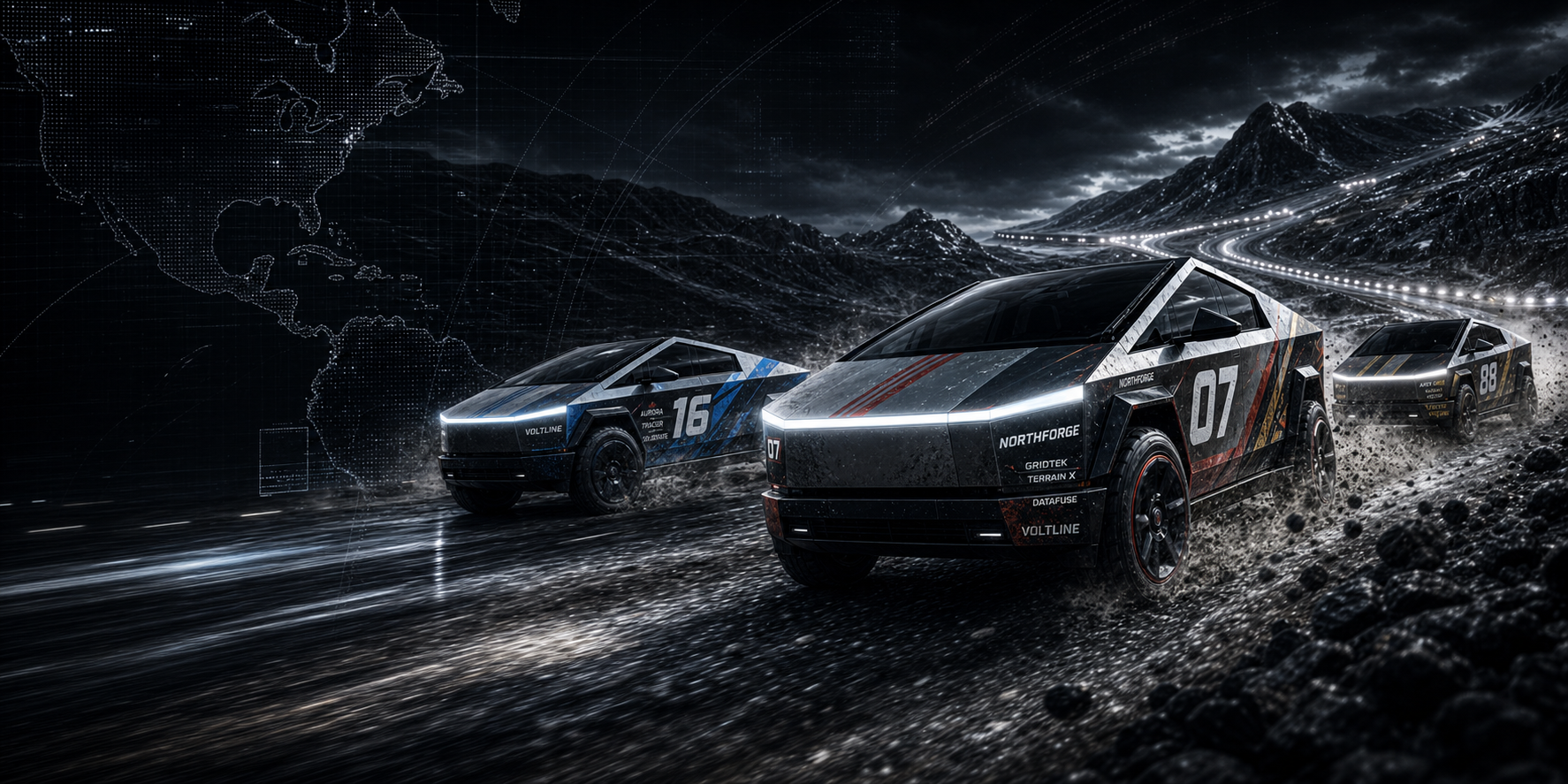 Numbered Cybertruck time-attack teams with sponsor decals racing through a dramatic mountain route