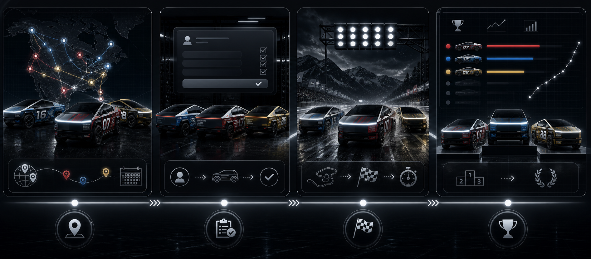 Cybertruck teams moving from sign-up through timed runs and published results