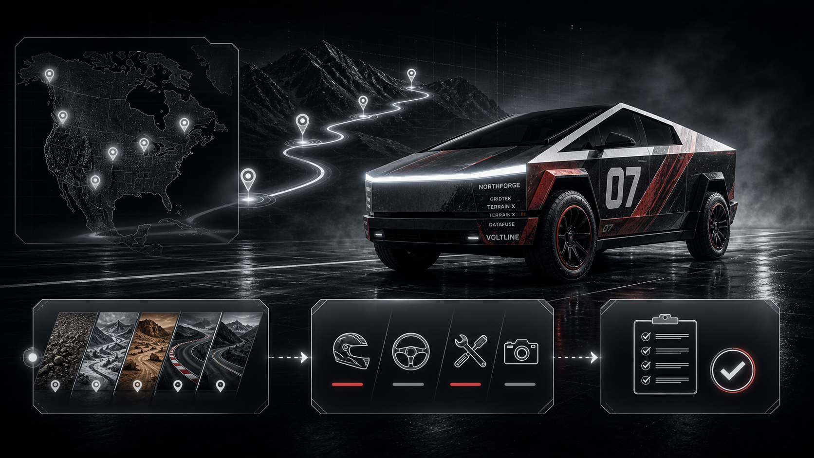 Cybertruck time-attack truck with team livery, race number, and sponsor decals in a clean futuristic selection scene