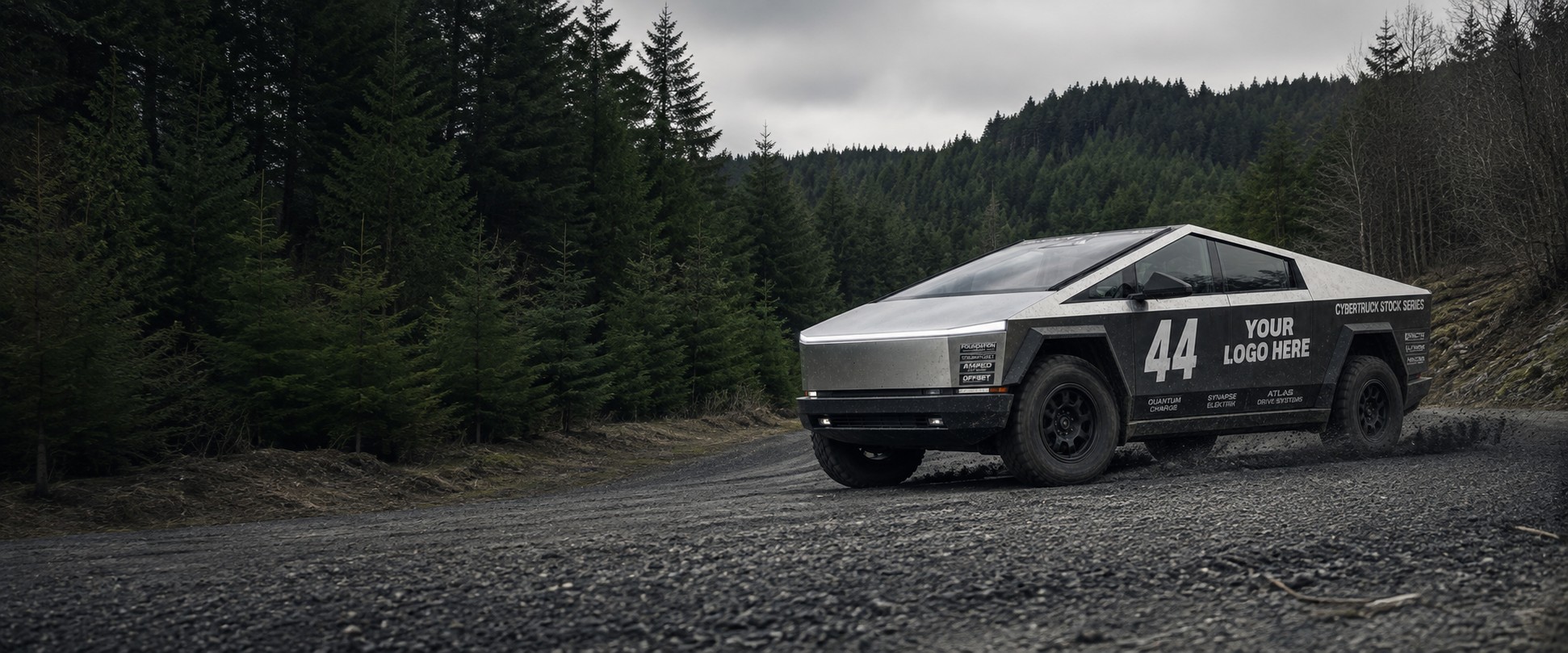 Concept image of a numbered Cybertruck on forest gravel