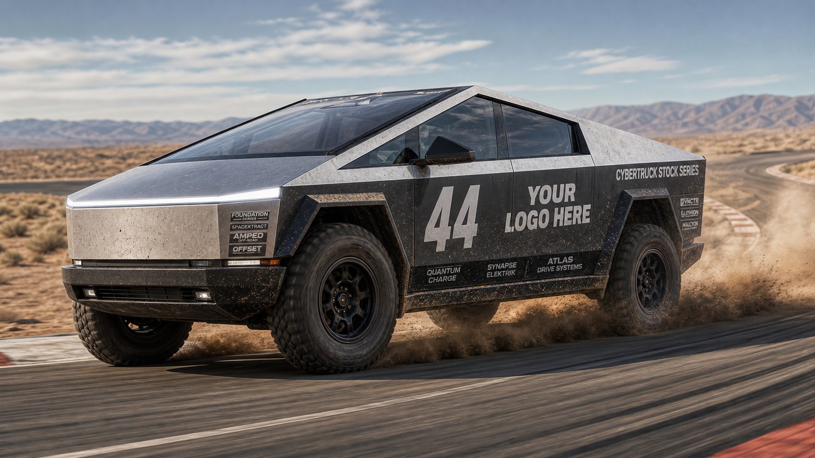 Sunny Cybertruck racing sponsor opportunity with your logo here on the truck livery