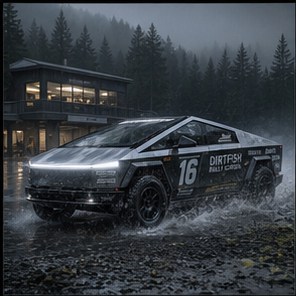 Concept of a race-liveried Cybertruck on gravel