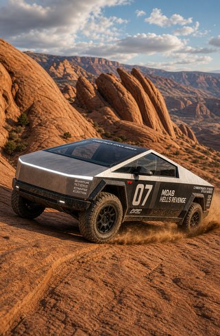 Concept of a numbered Cybertruck on Moab slickrock