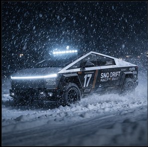 Concept of a Cybertruck on a snow-covered course
